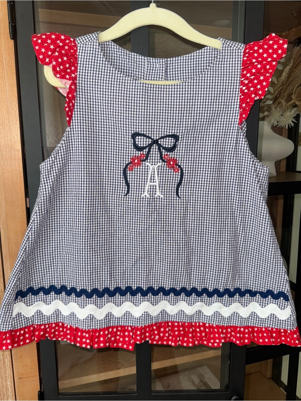 A monogrammed dress gingham ruffle 4th of july embroidered usa navy toddler girl